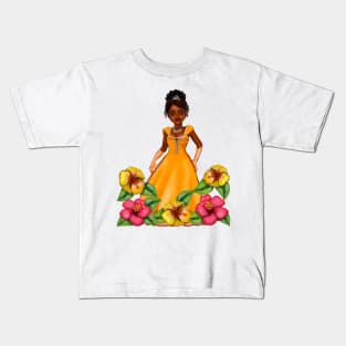 Princess Coco with hibiscus flowers  ! beautiful  black girl with Afro hair, brown eyes and dark brown skin. Hair love ! Kids T-Shirt